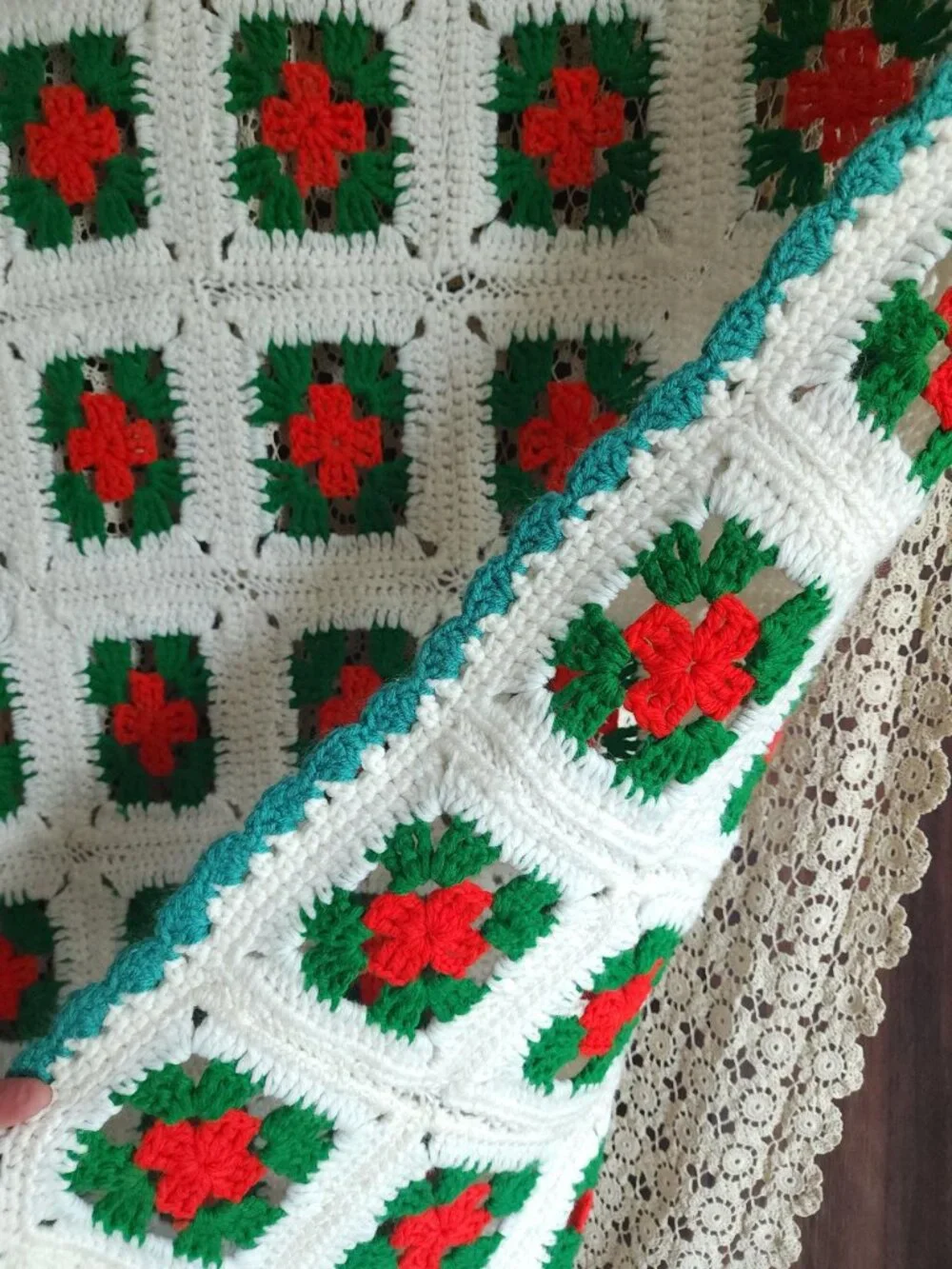 Vintage 1970s Afghan, Granny Square Crochet Lap Blanket, Red Green White Poinset